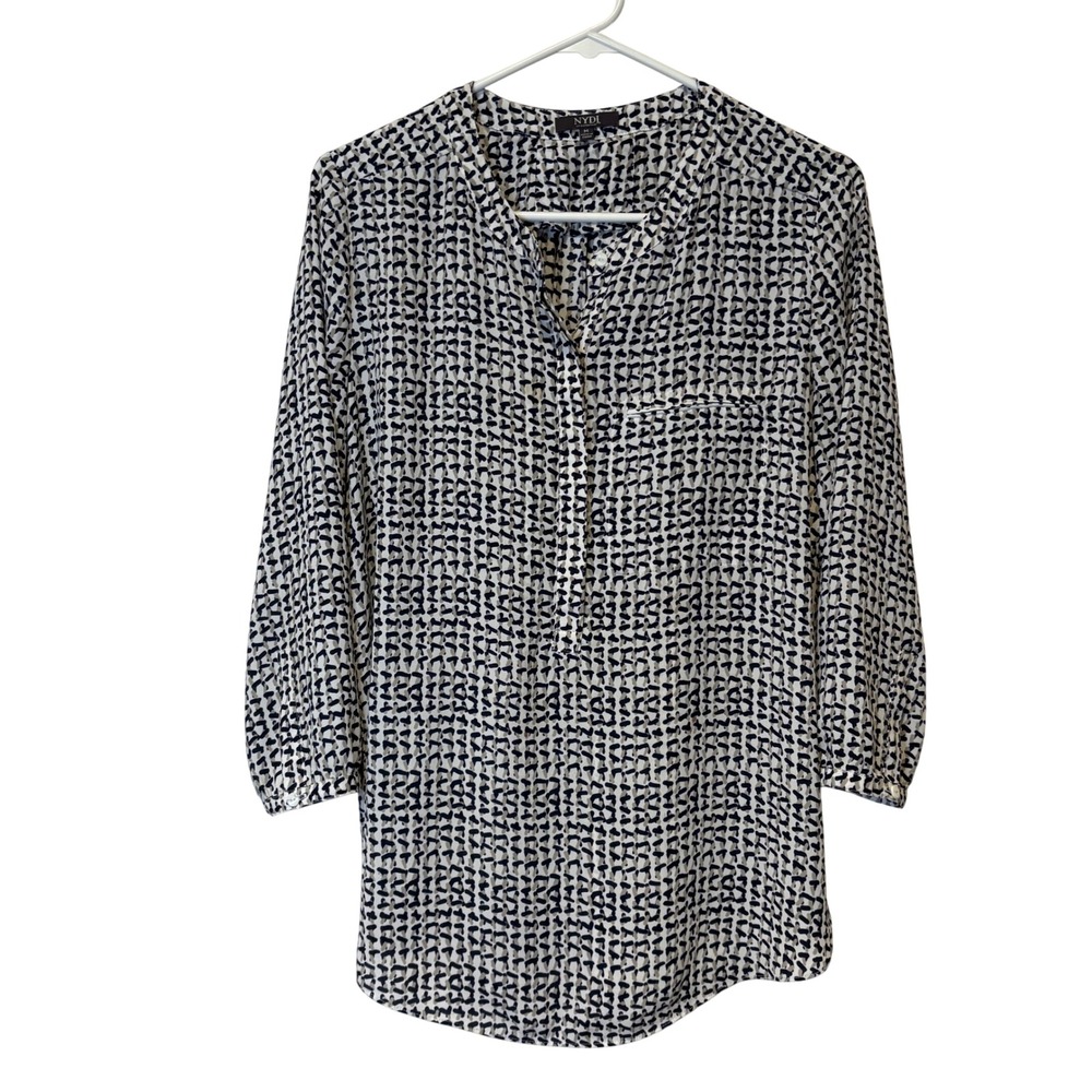 NYDJ Women's Geometric Print Tunic Blouse 3/4 Sleeve Collarless Button‎ Front